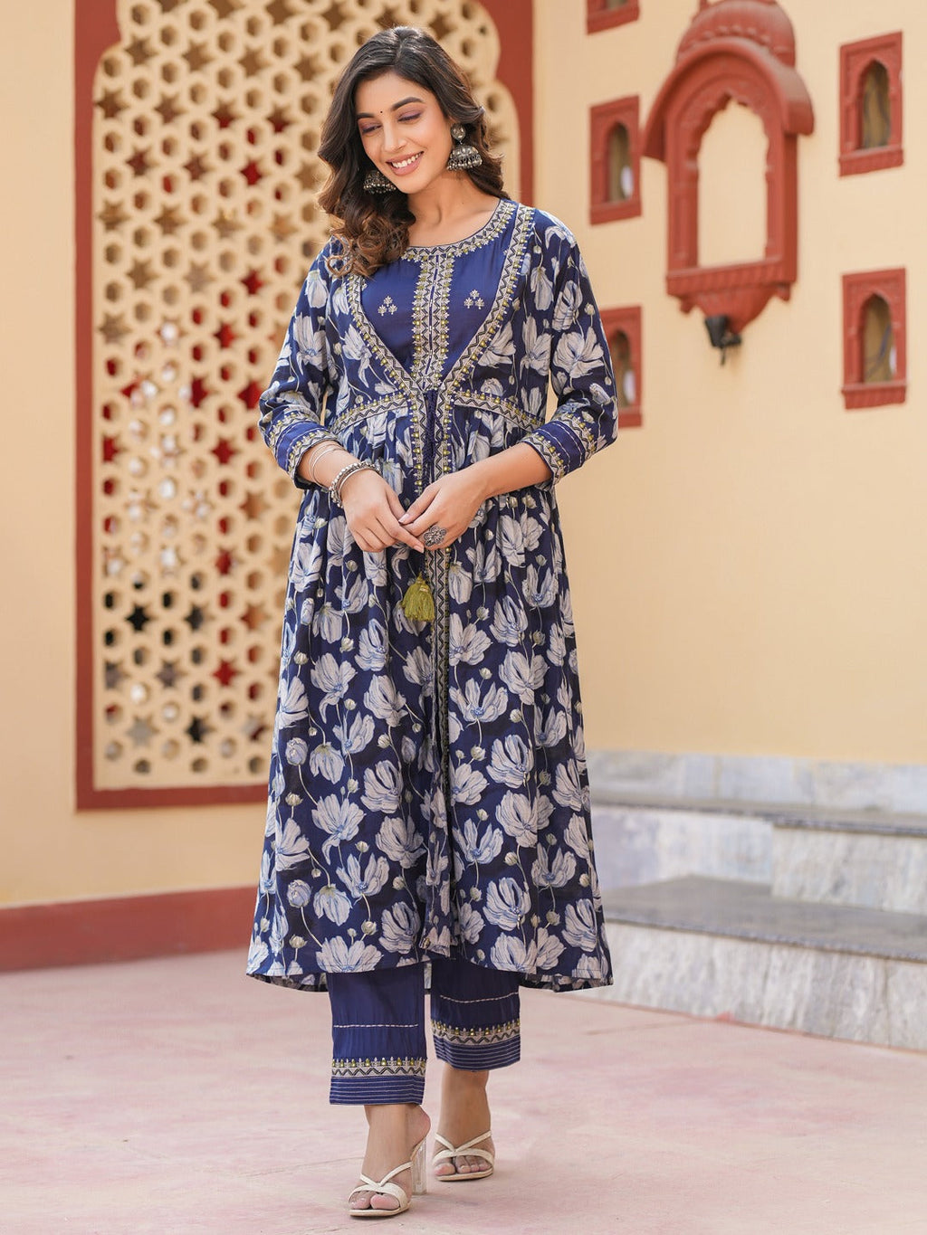 Yufta Blue Embroidered shrug Crop top co ord set