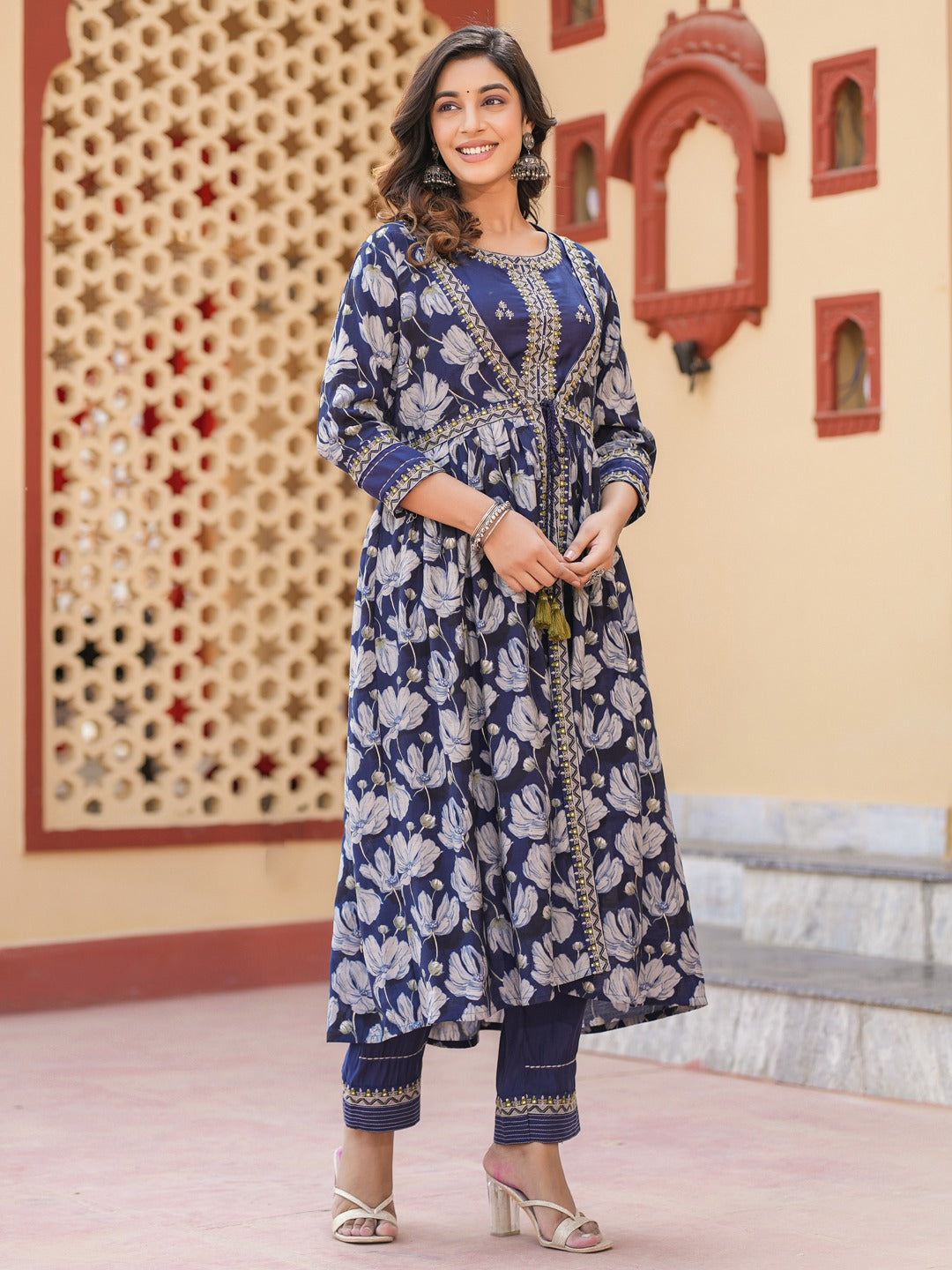 Yufta Blue Embroidered shrug Crop top co ord set