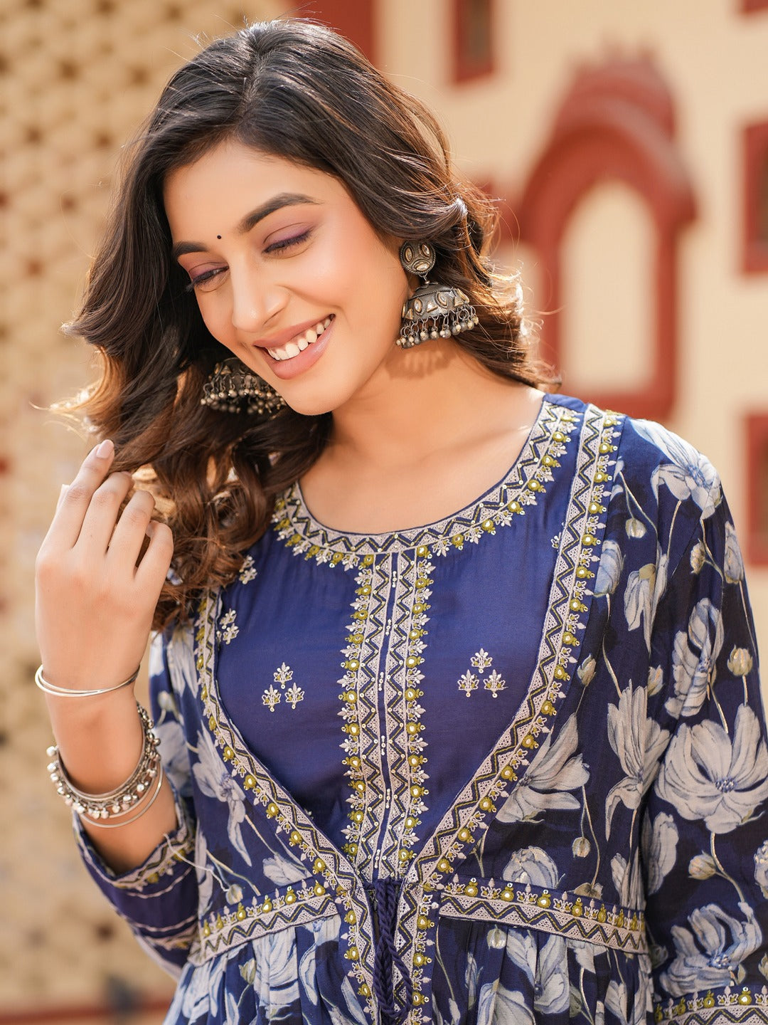 Yufta Blue Embroidered shrug Crop top co ord set