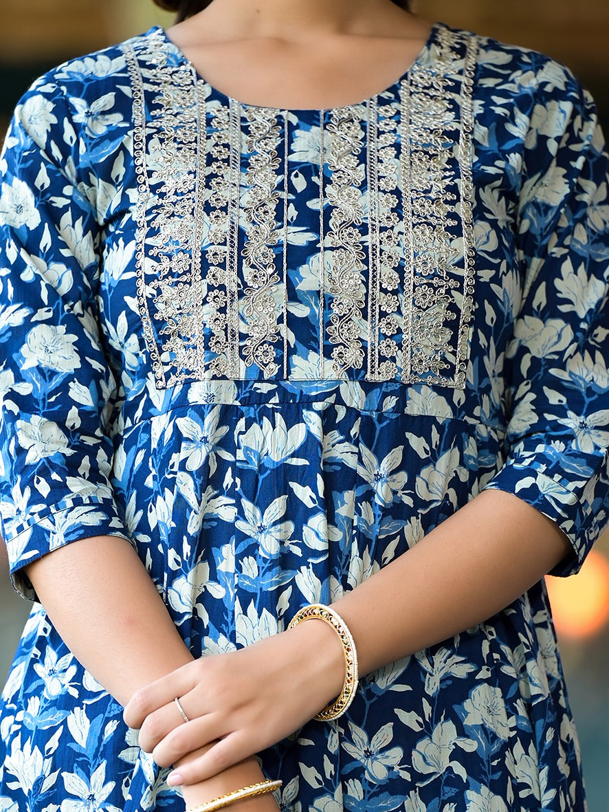 Yufta Blue Floral Dori_Embroidery Kurta Trouser With Dupatta Set