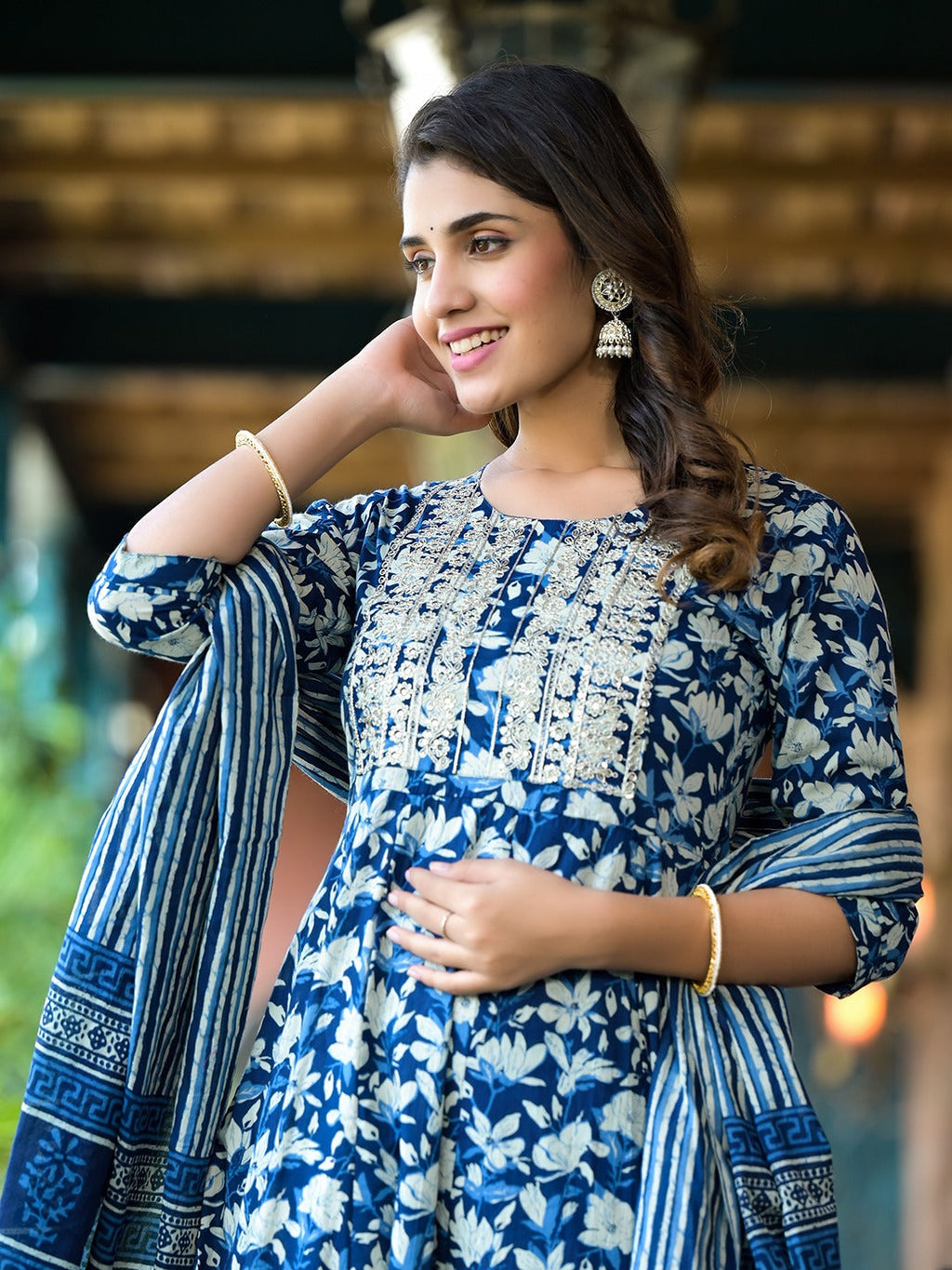 Yufta Blue Floral Dori_Embroidery Kurta Trouser With Dupatta Set