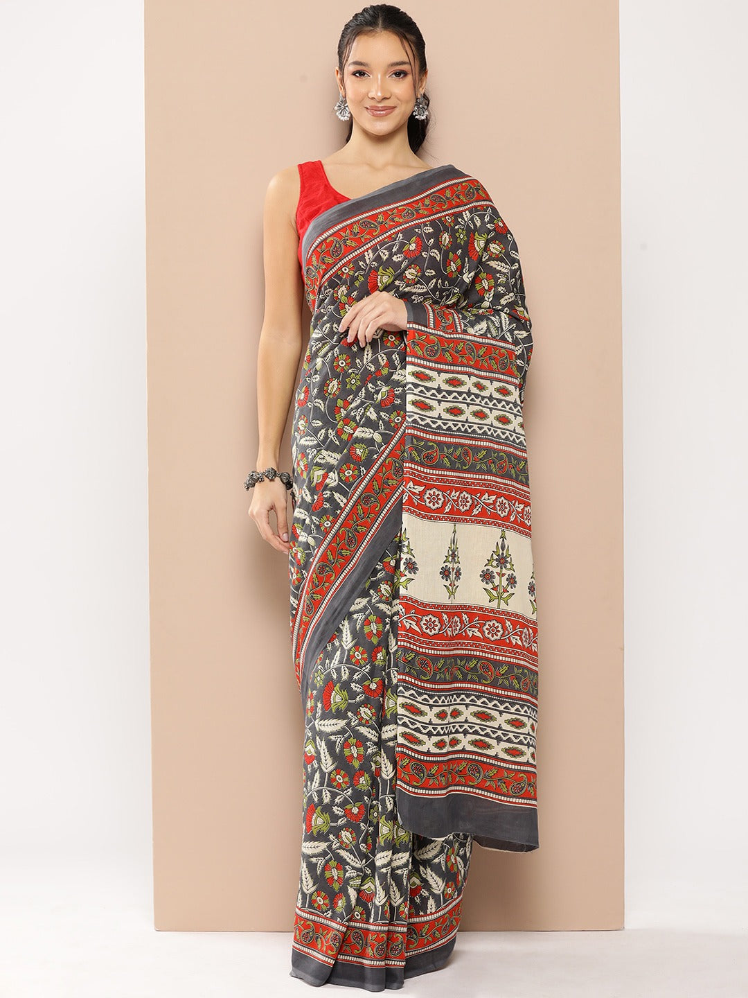 Yufta Grey Floral Mulmul Cotton Sarees With Unstitched Blouse