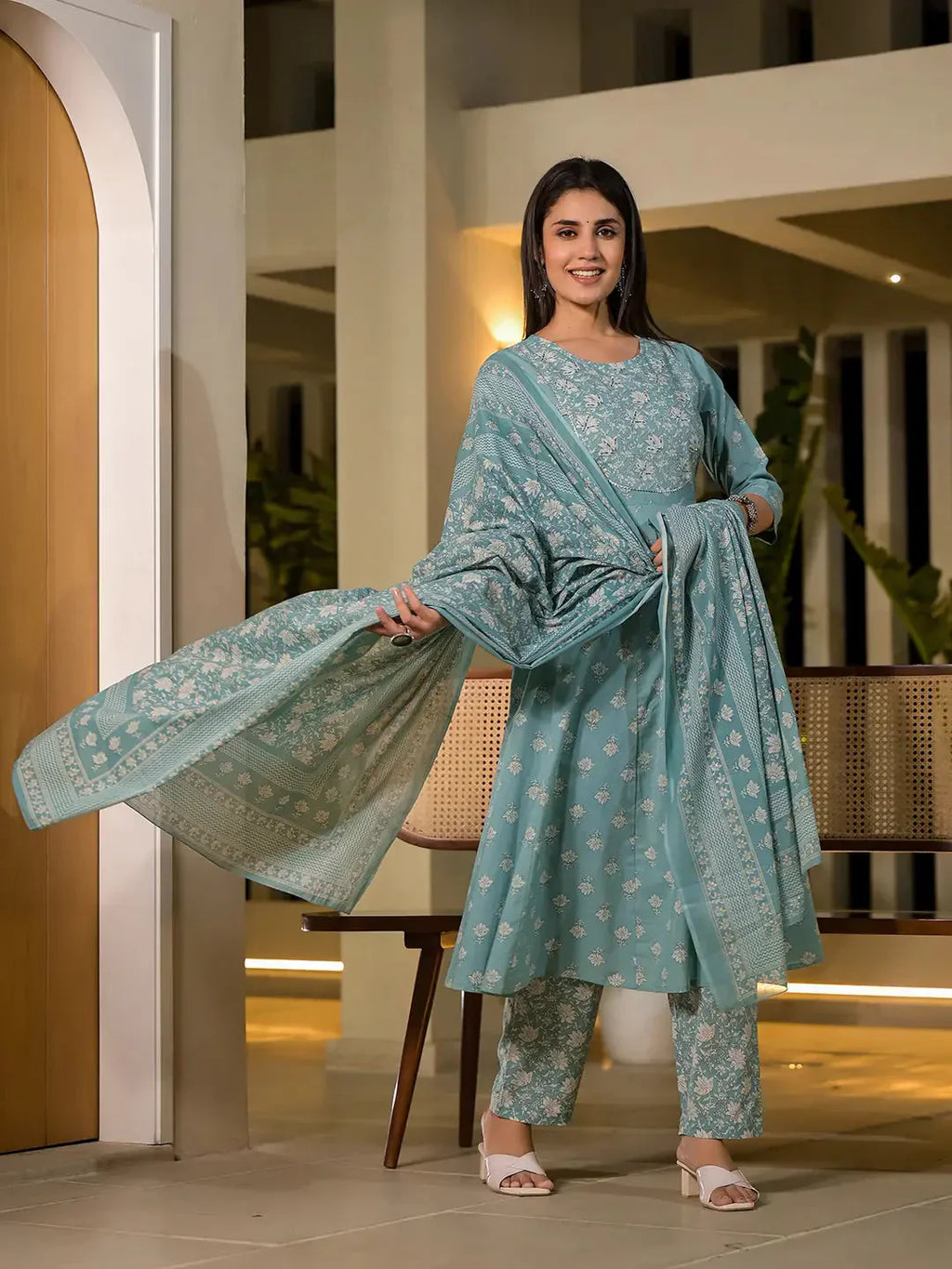 Yufta Blue Floral Print Cotton Anarkali Style Kurta With Trousers With Dupatta Set