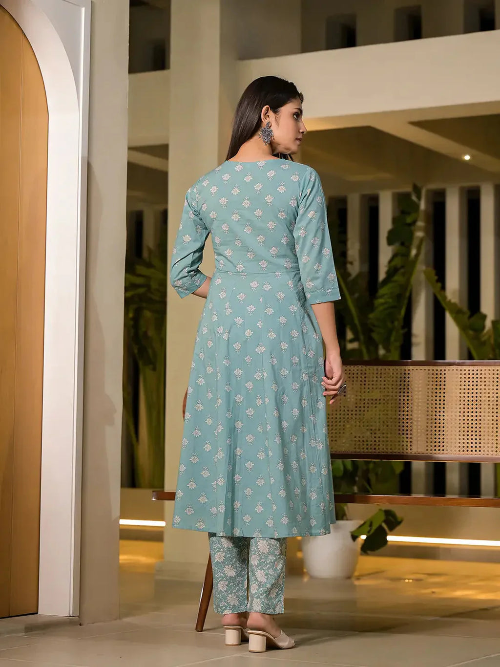 Yufta Blue Floral Print Cotton Anarkali Style Kurta With Trousers With Dupatta Set