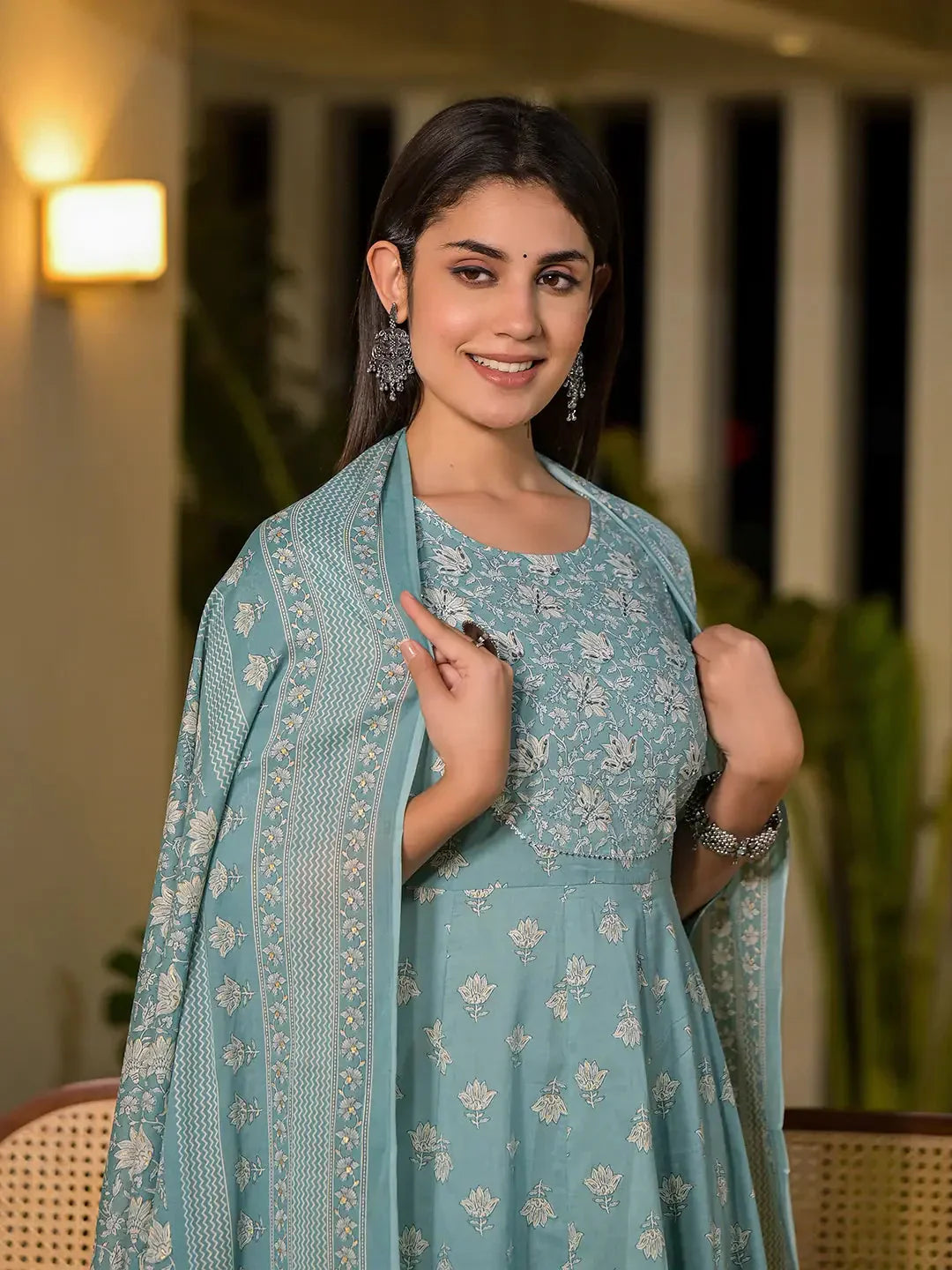 Yufta Blue Floral Print Cotton Anarkali Style Kurta With Trousers With Dupatta Set
