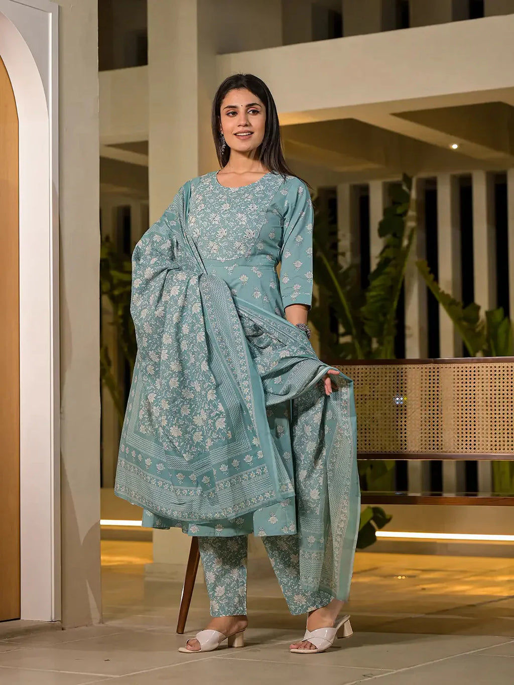Yufta Blue Floral Print Cotton Anarkali Style Kurta With Trousers With Dupatta Set
