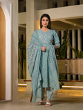 Yufta Blue Floral Print Cotton Anarkali Style Kurta With Trousers With Dupatta Set