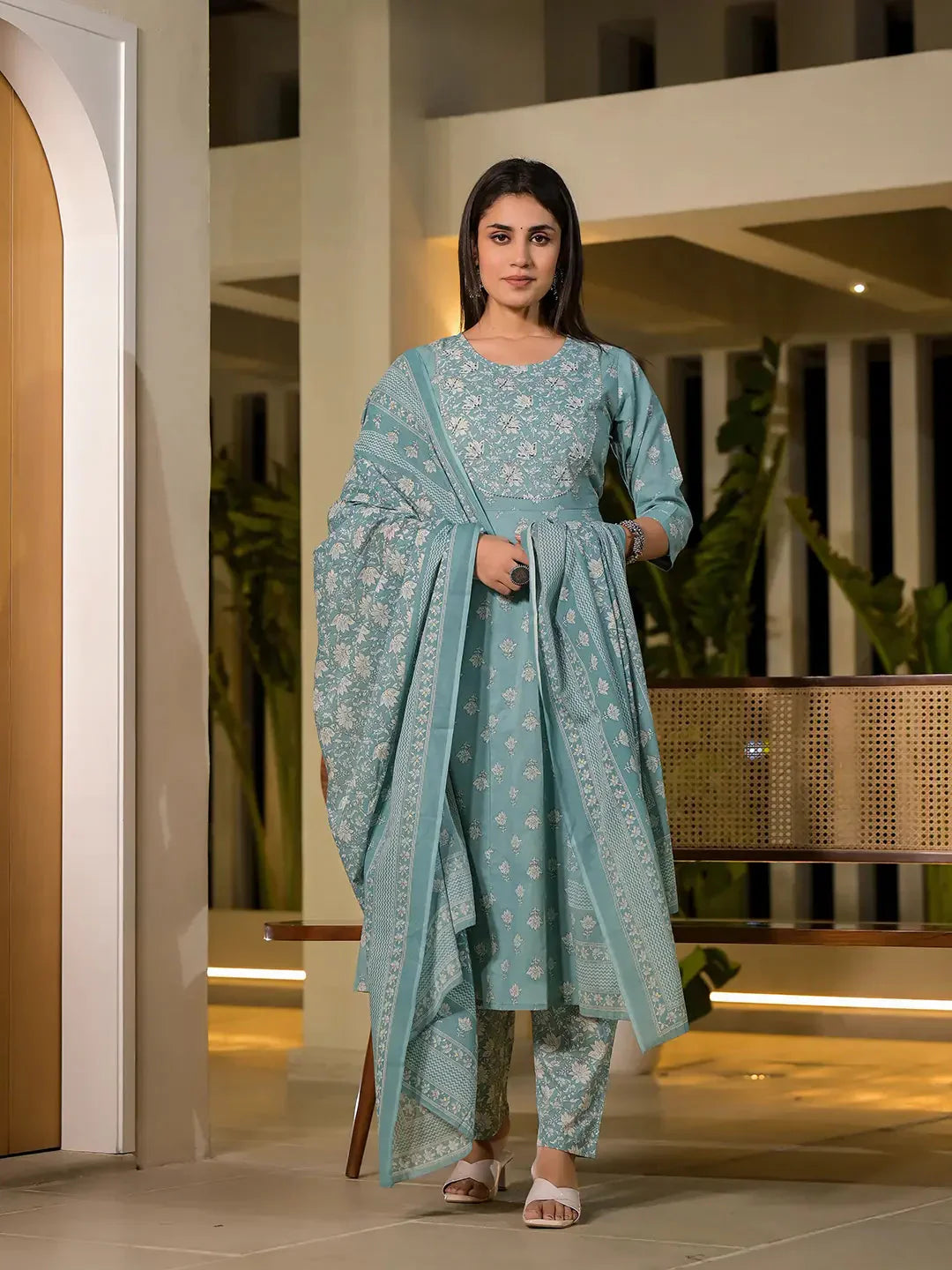 Yufta Blue Floral Print Cotton Anarkali Style Kurta With Trousers With Dupatta Set