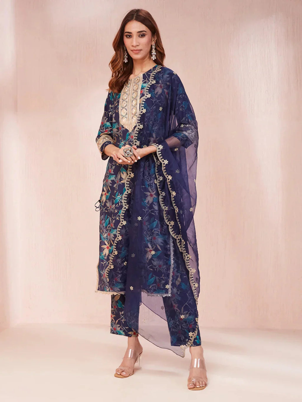 Yufta Blue Floral Print Sequins_Work Straight Kurta Trouser And Dupatta Set