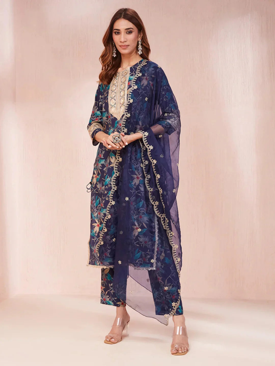Yufta Blue Floral Print Sequins_Work Straight Kurta Trouser And Dupatta Set