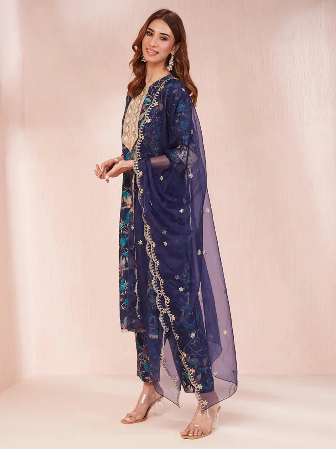 Yufta Blue Floral Print Sequins_Work Straight Kurta Trouser And Dupatta Set