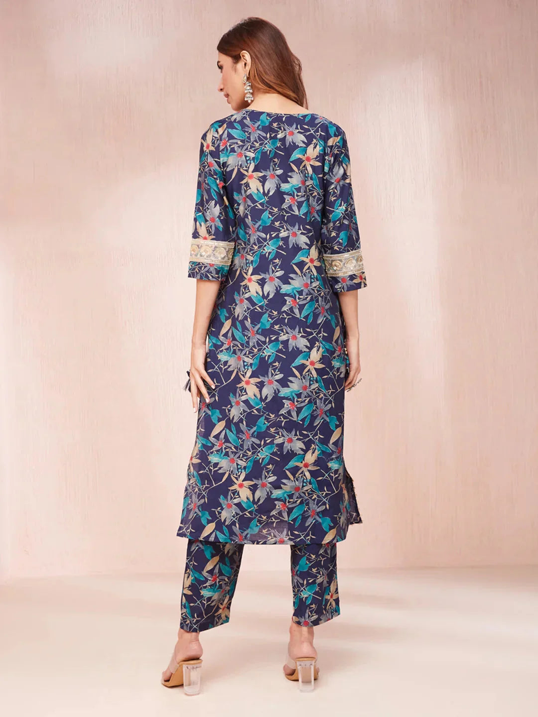 Yufta Blue Floral Print Sequins_Work Straight Kurta Trouser And Dupatta Set