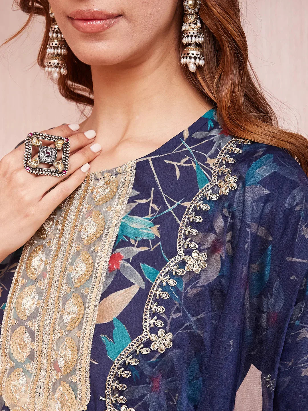Yufta Blue Floral Print Sequins_Work Straight Kurta Trouser And Dupatta Set