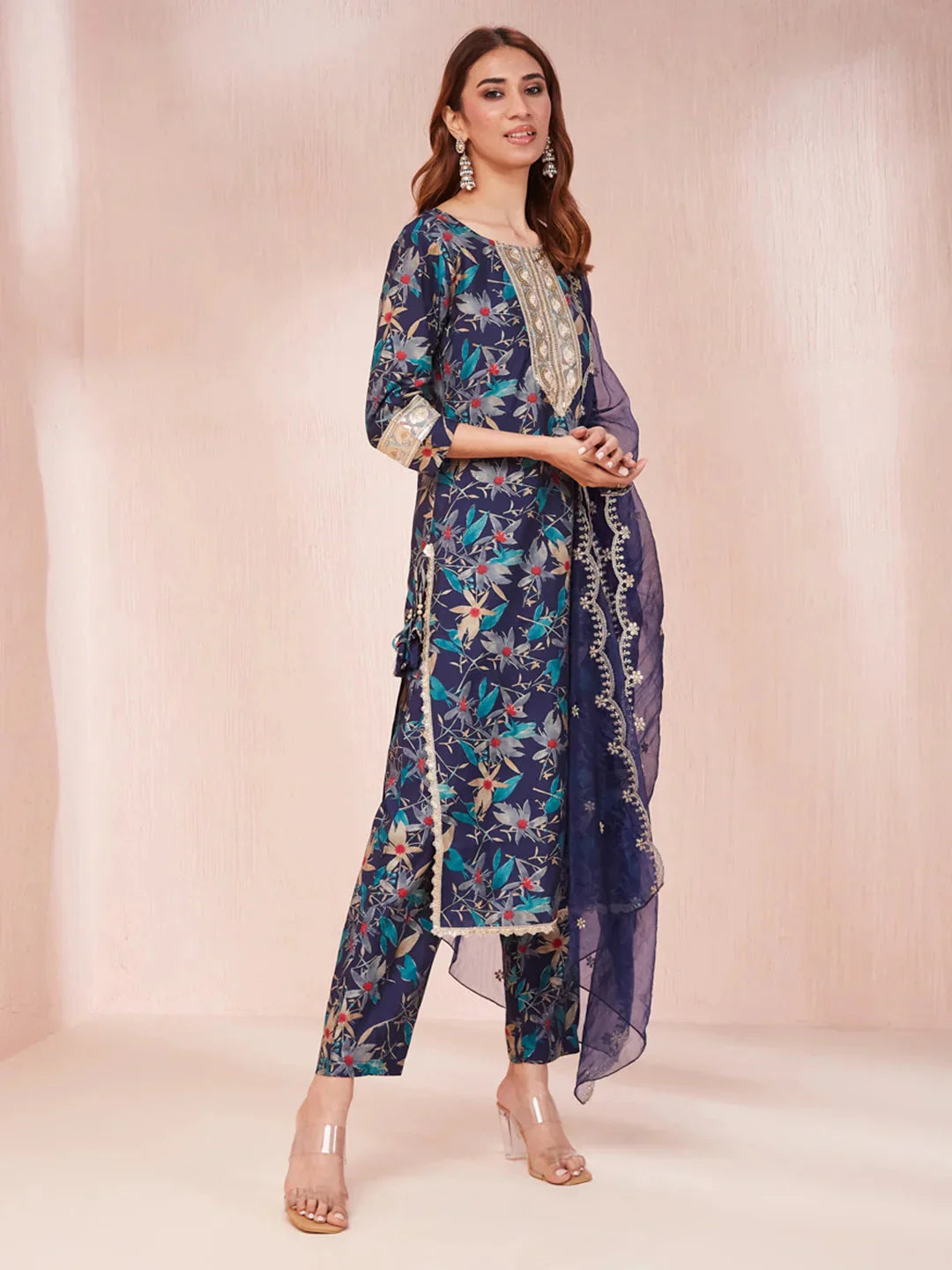Yufta Blue Floral Print Sequins_Work Straight Kurta Trouser And Dupatta Set