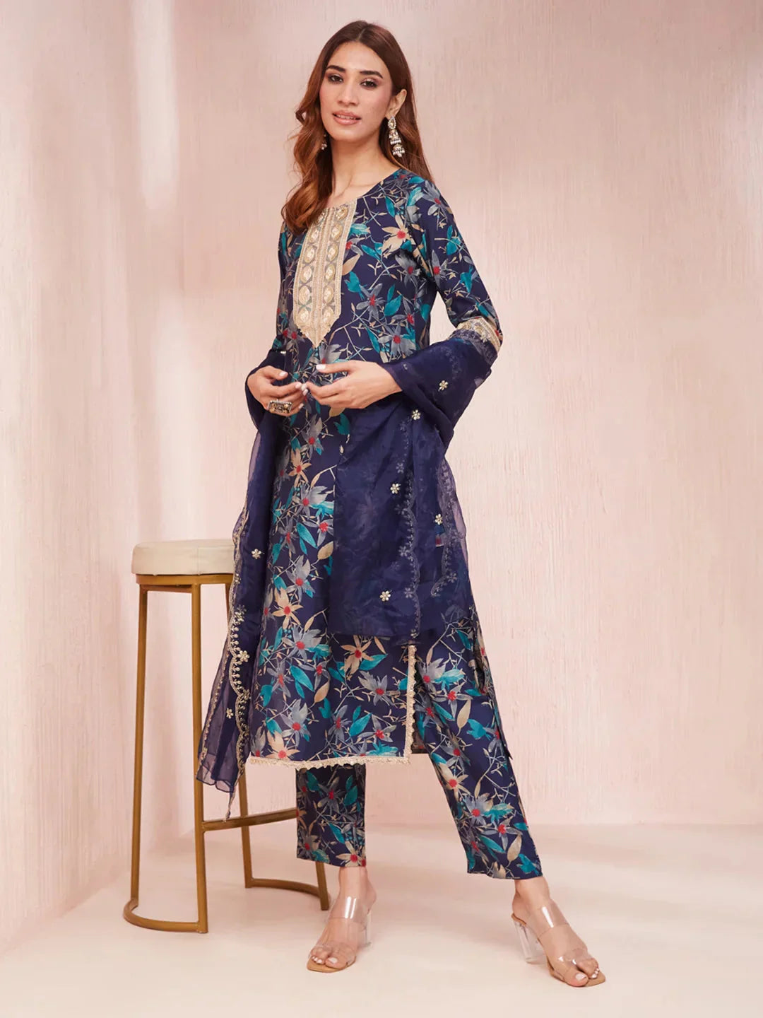 Yufta Blue Floral Print Sequins_Work Straight Kurta Trouser And Dupatta Set