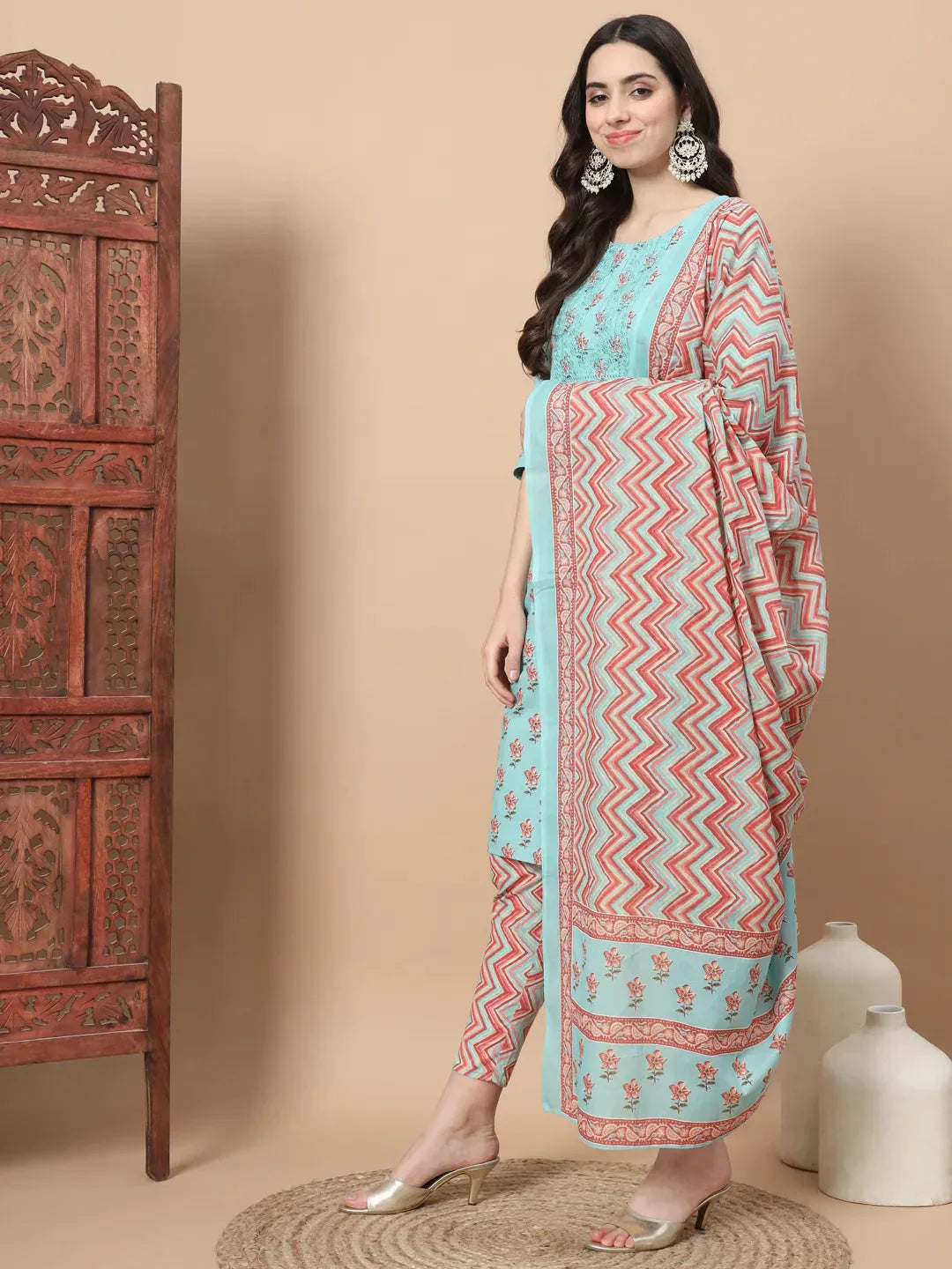 Yufta Blue Floral,Sequins_Work Straight Kurta Trouser And Dupatta Set
