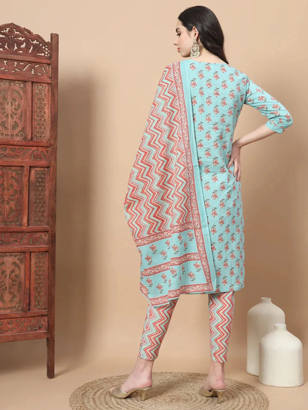 Yufta Blue Floral,Sequins_Work Straight Kurta Trouser And Dupatta Set