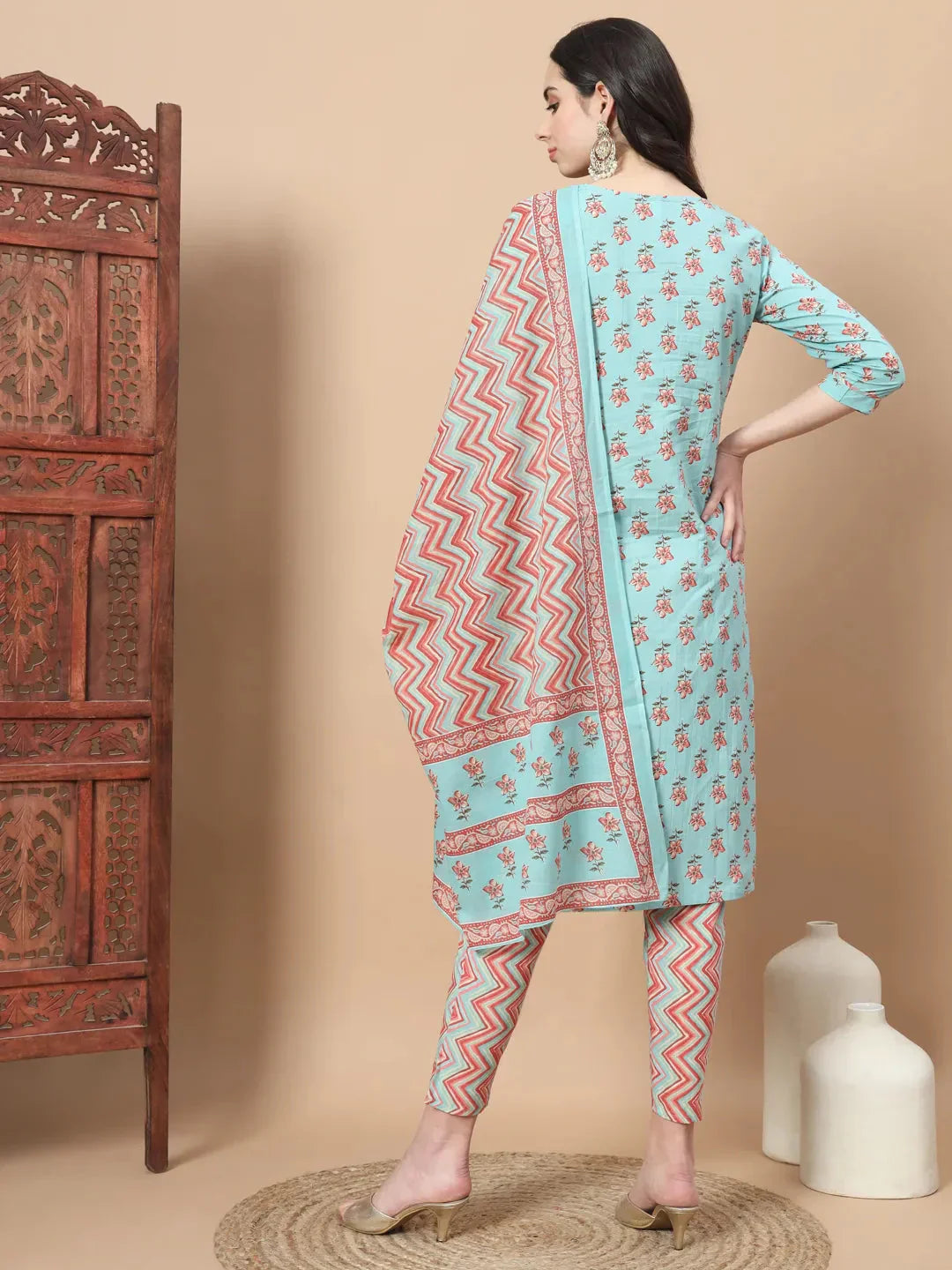 Yufta Blue Floral,Sequins_Work Straight Kurta Trouser And Dupatta Set