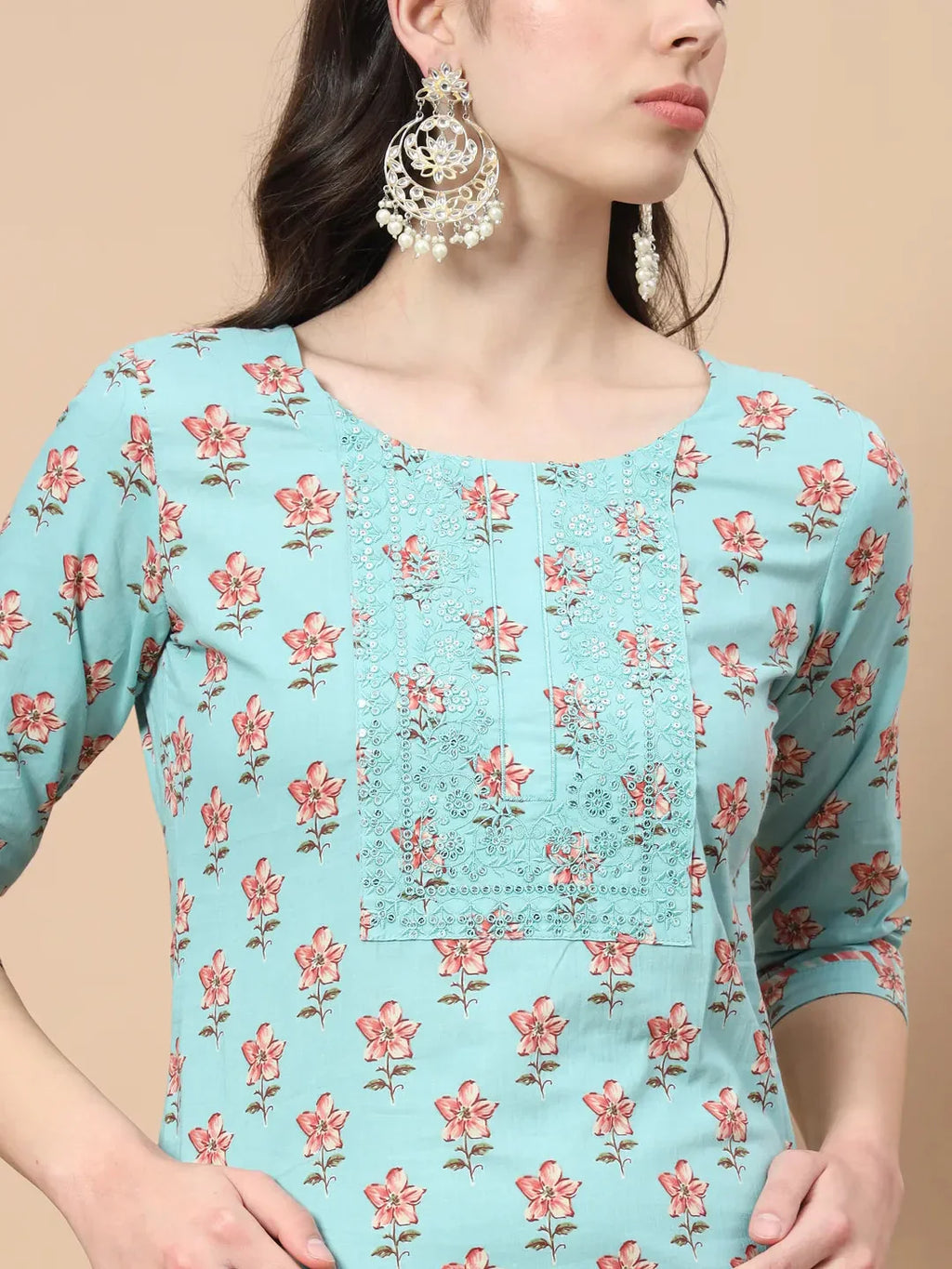 Yufta Blue Floral,Sequins_Work Straight Kurta Trouser And Dupatta Set