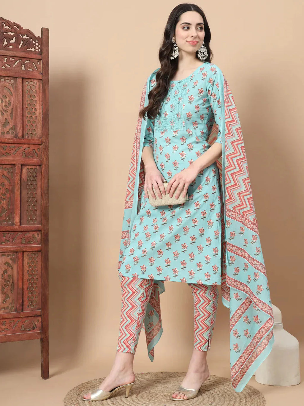 Yufta Blue Floral,Sequins_Work Straight Kurta Trouser And Dupatta Set