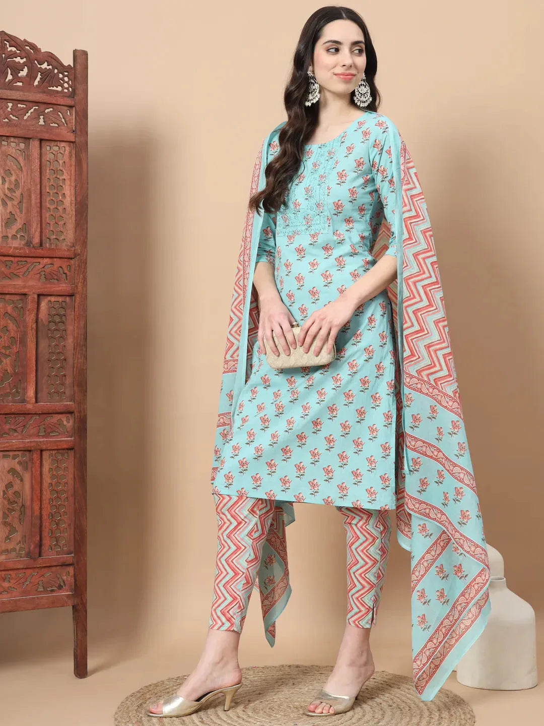 Yufta Blue Floral,Sequins_Work Straight Kurta Trouser And Dupatta Set