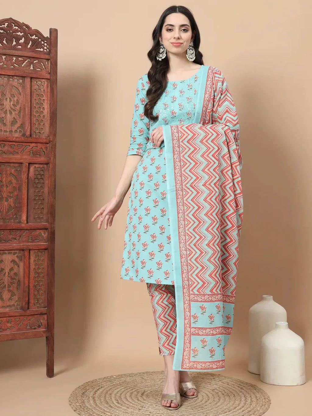 Yufta Blue Floral,Sequins_Work Straight Kurta Trouser And Dupatta Set