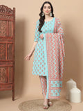 Yufta Blue Floral,Sequins_Work Straight Kurta Trouser And Dupatta Set