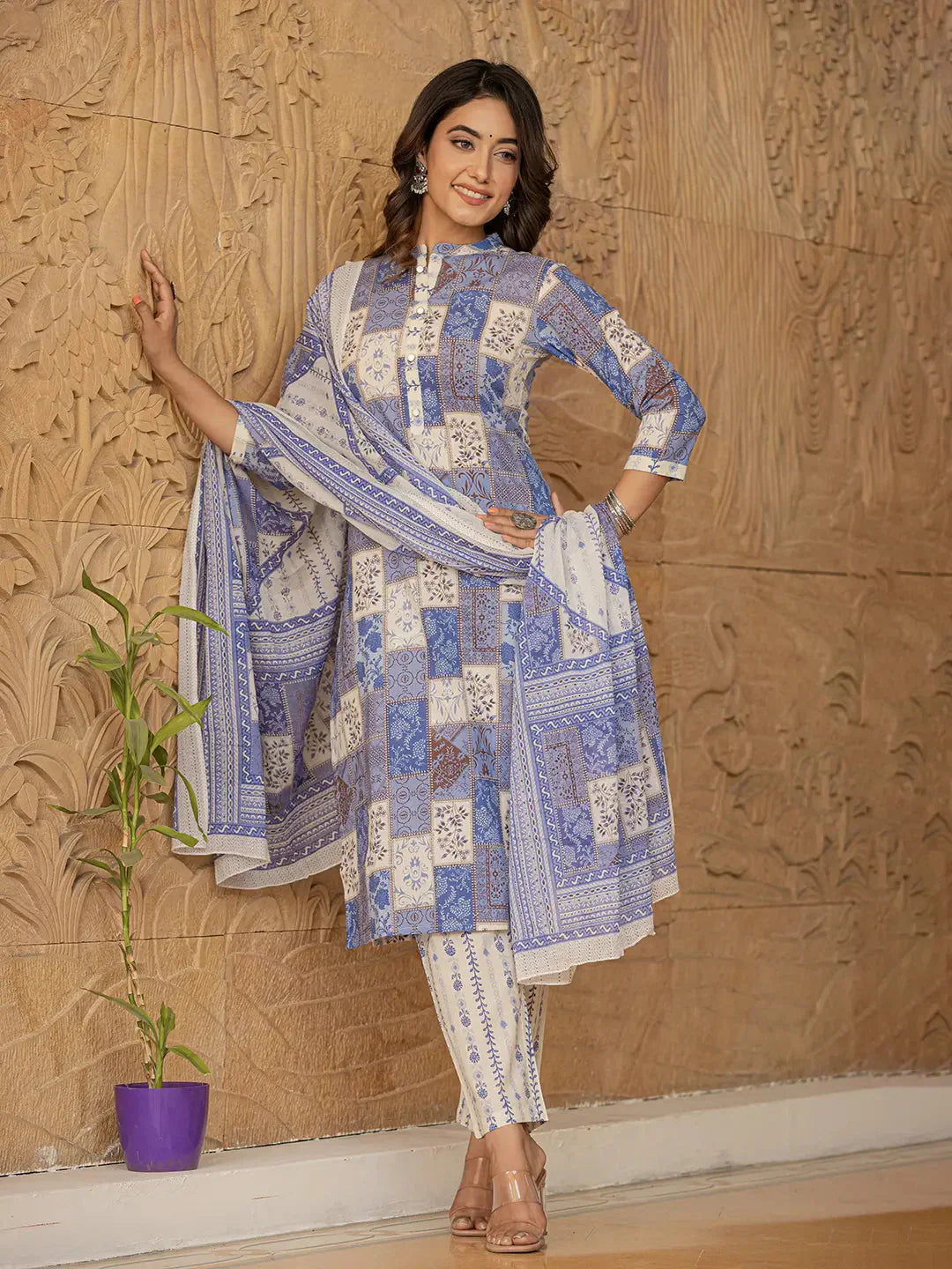 Yufta Blue Geometric Print Straight Kurta Trouser And Dupatta Set
