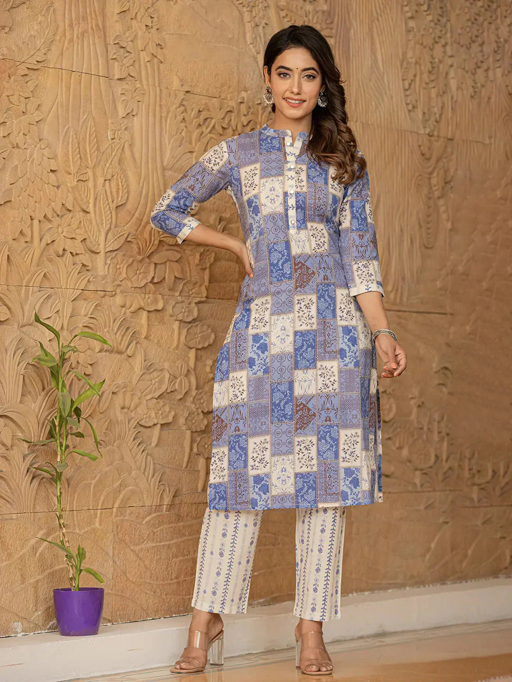 Yufta Blue Geometric Print Straight Kurta Trouser And Dupatta Set