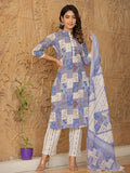 Yufta Blue Geometric Print Straight Kurta Trouser And Dupatta Set
