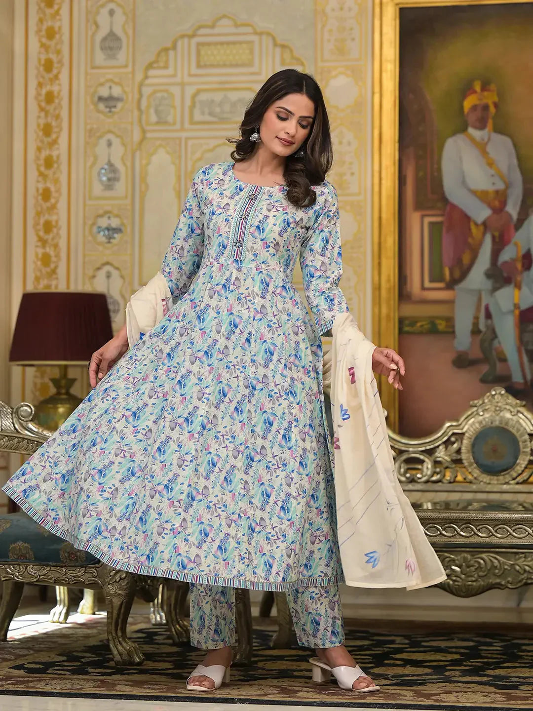 Yufta Blue Leaf Print Zari Work Anarkali Kurta Trouser With Dupatta Set