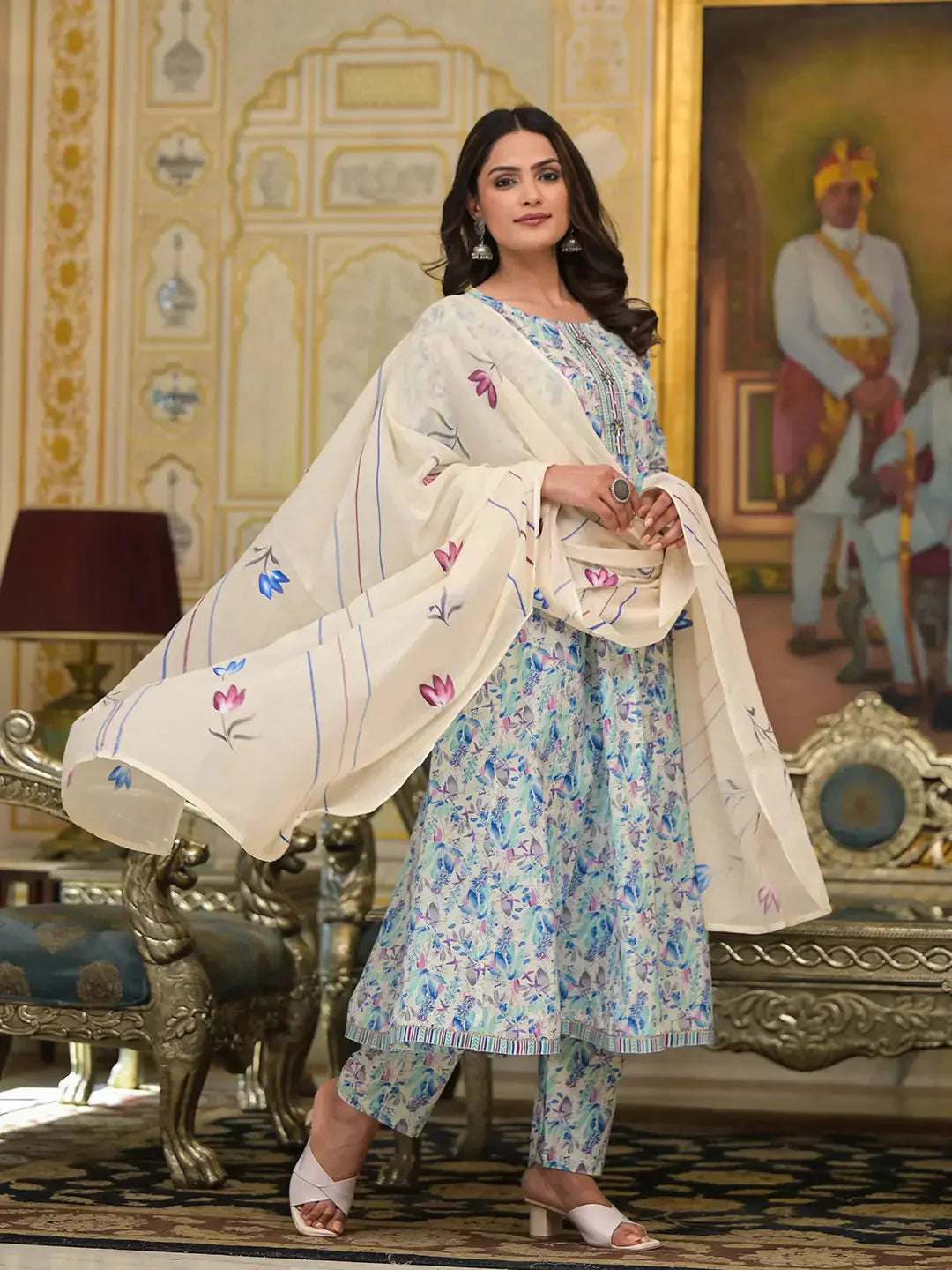 Yufta Blue Leaf Print Zari Work Anarkali Kurta Trouser With Dupatta Set