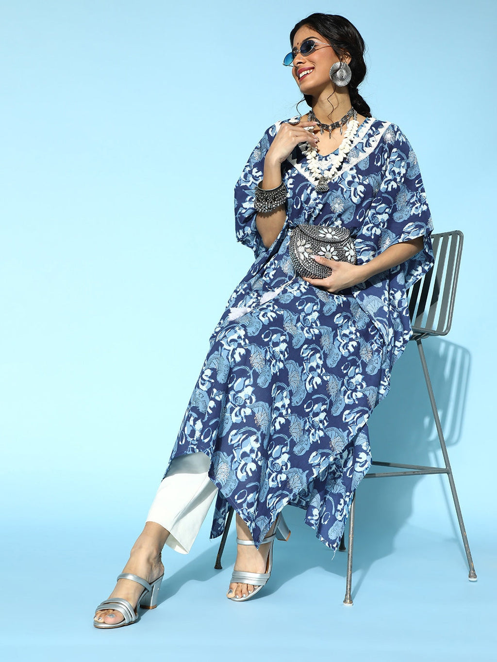 Yufta Blue Printed Kaftan Kurta