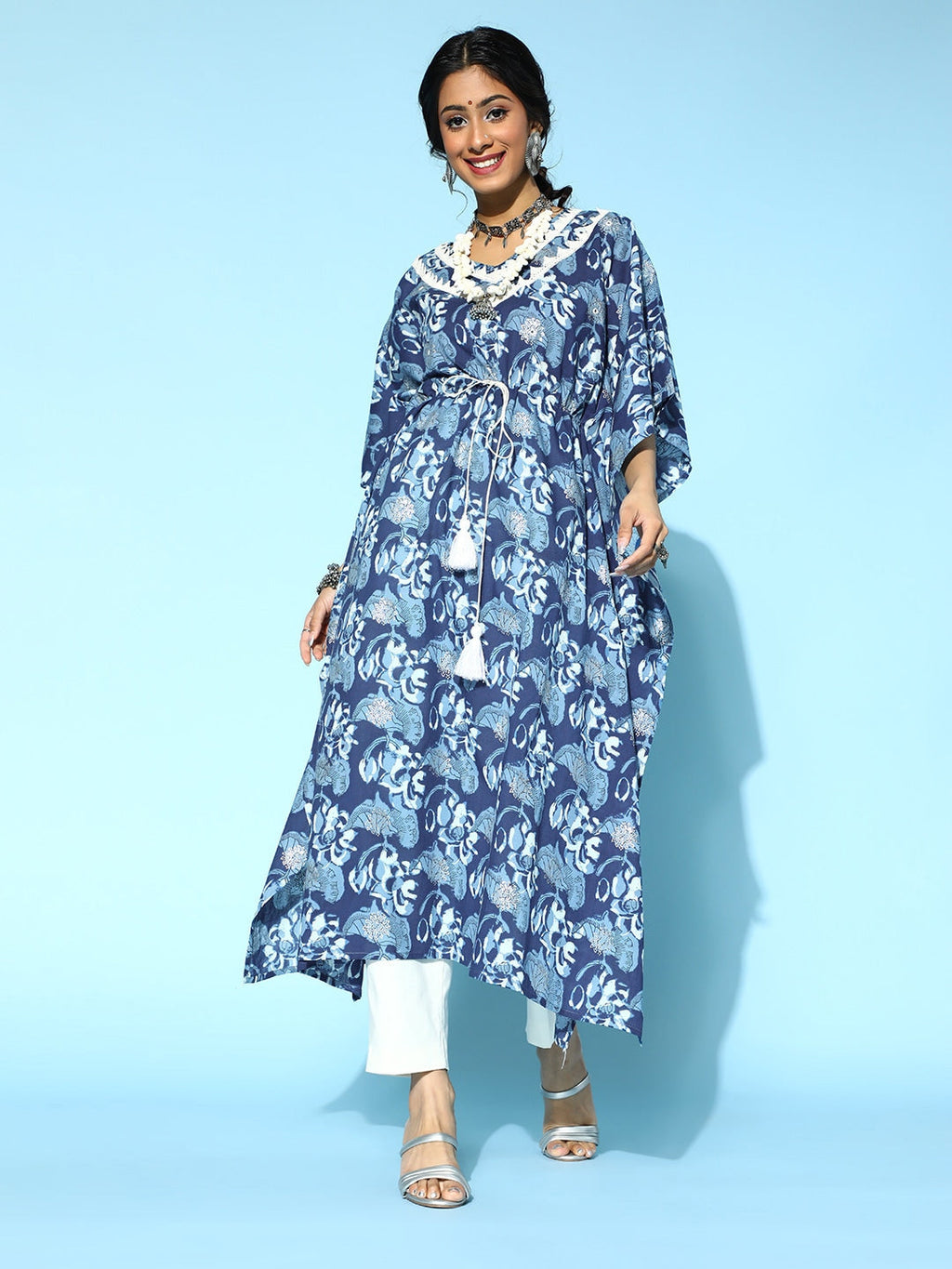 Yufta Blue Printed Kaftan Kurta