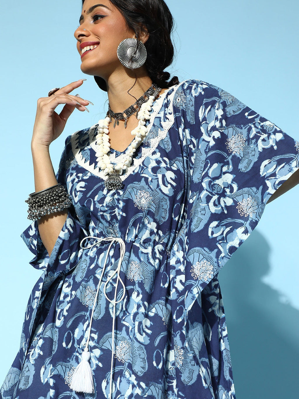 Yufta Blue Printed Kaftan Kurta