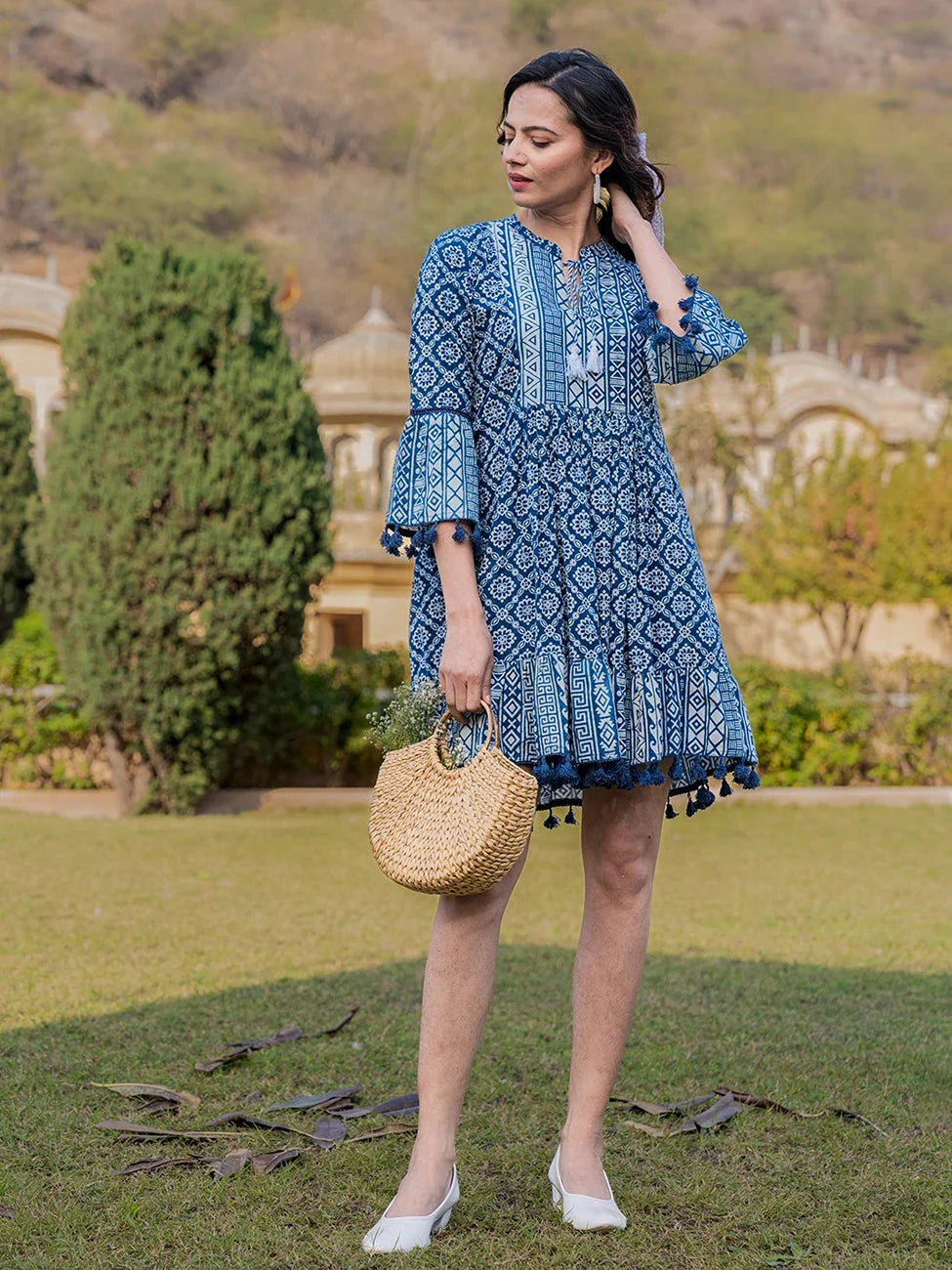 Yufta Blue Pure Cotton Ethnic Motifs Less Border Tassels Were Dress