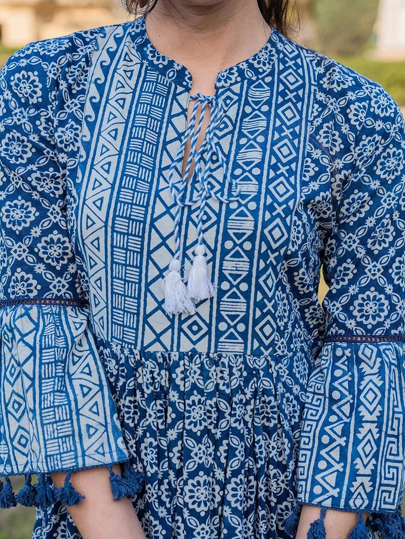 Yufta Blue Pure Cotton Ethnic Motifs Less Border Tassels Were Dress