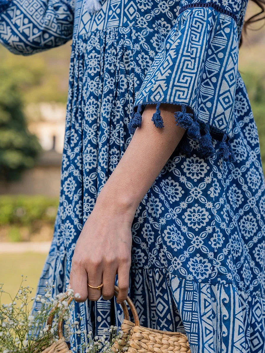Yufta Blue Pure Cotton Ethnic Motifs Less Border Tassels Were Dress