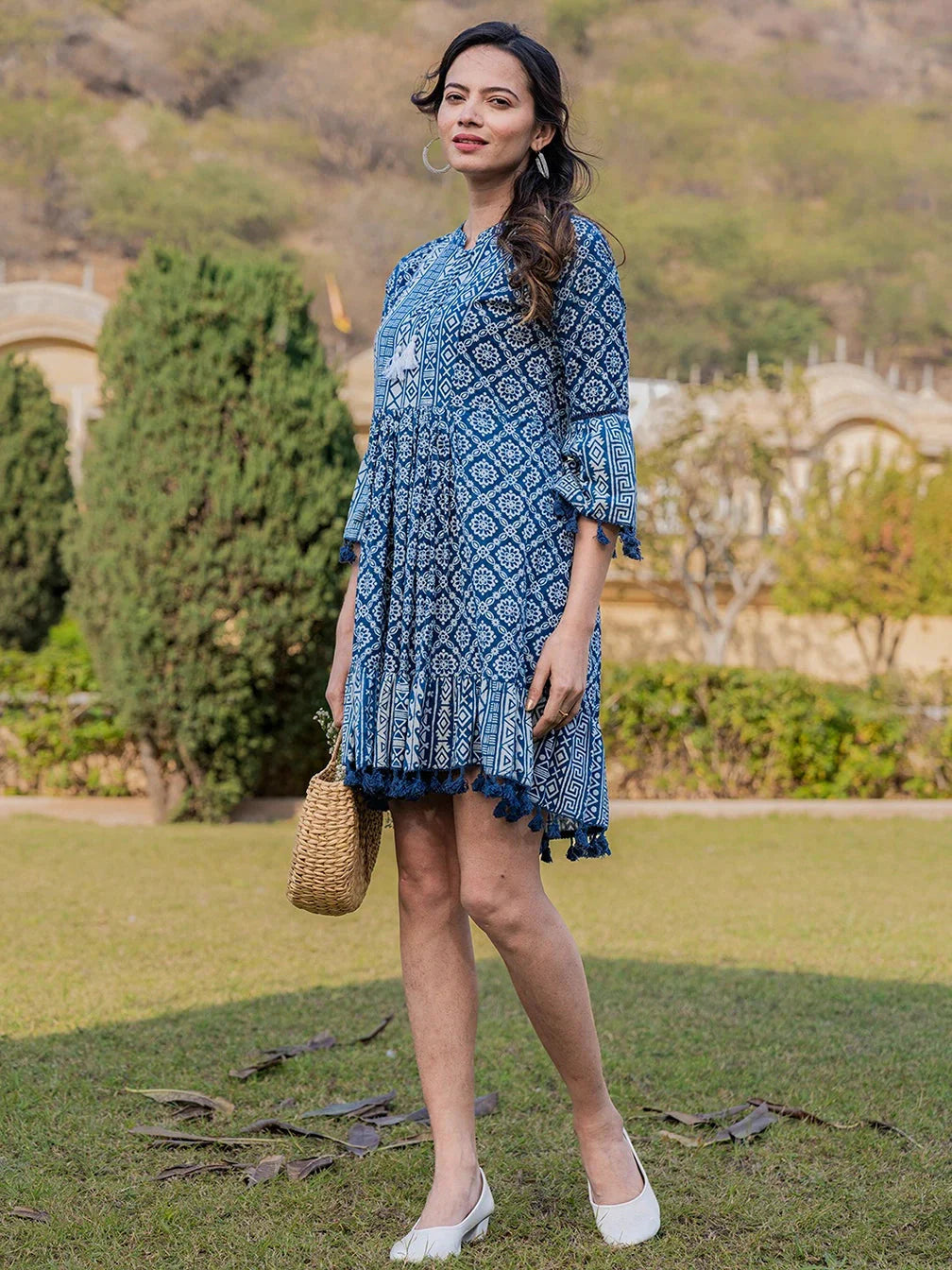 Yufta Blue Pure Cotton Ethnic Motifs Less Border Tassels Were Dress