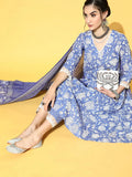 Yufta Blue & White Floral Printed Dupatta Set