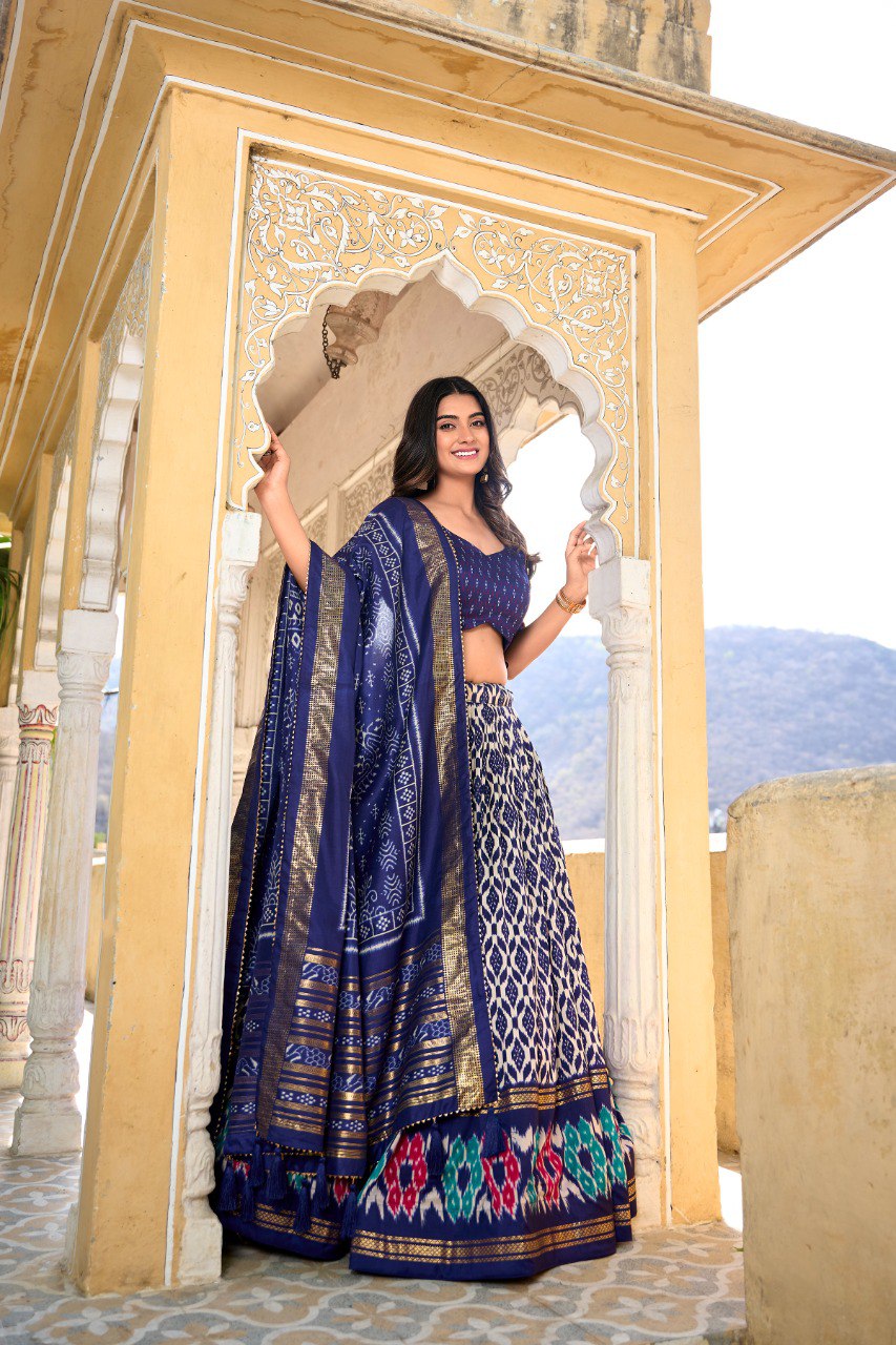 Lorenvalley Blue Tussar Silk Ikkat Print With Foil Work Lehenga Choli with Dupatta