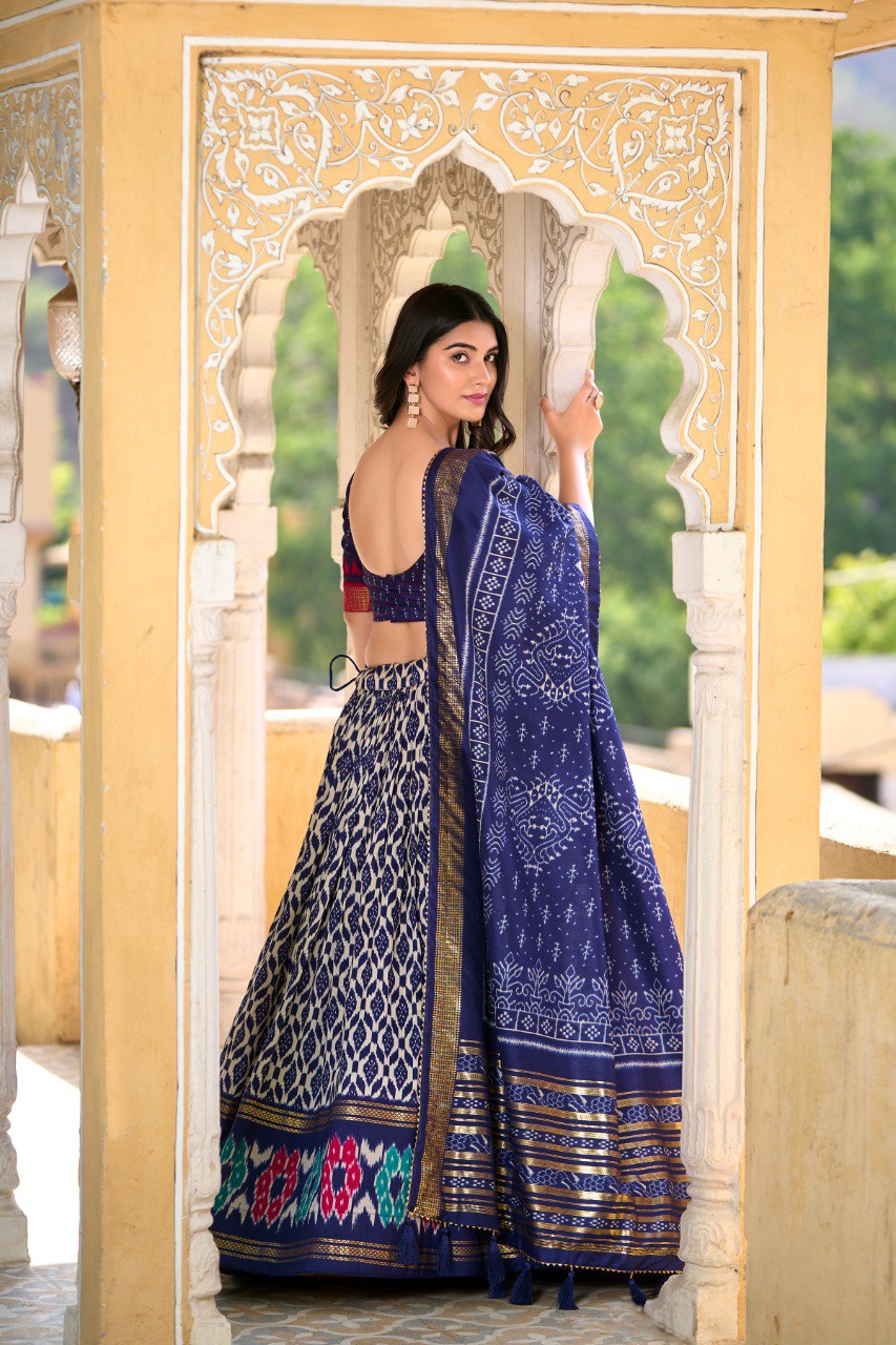 Lorenvalley Blue Tussar Silk Ikkat Print With Foil Work Lehenga Choli with Dupatta