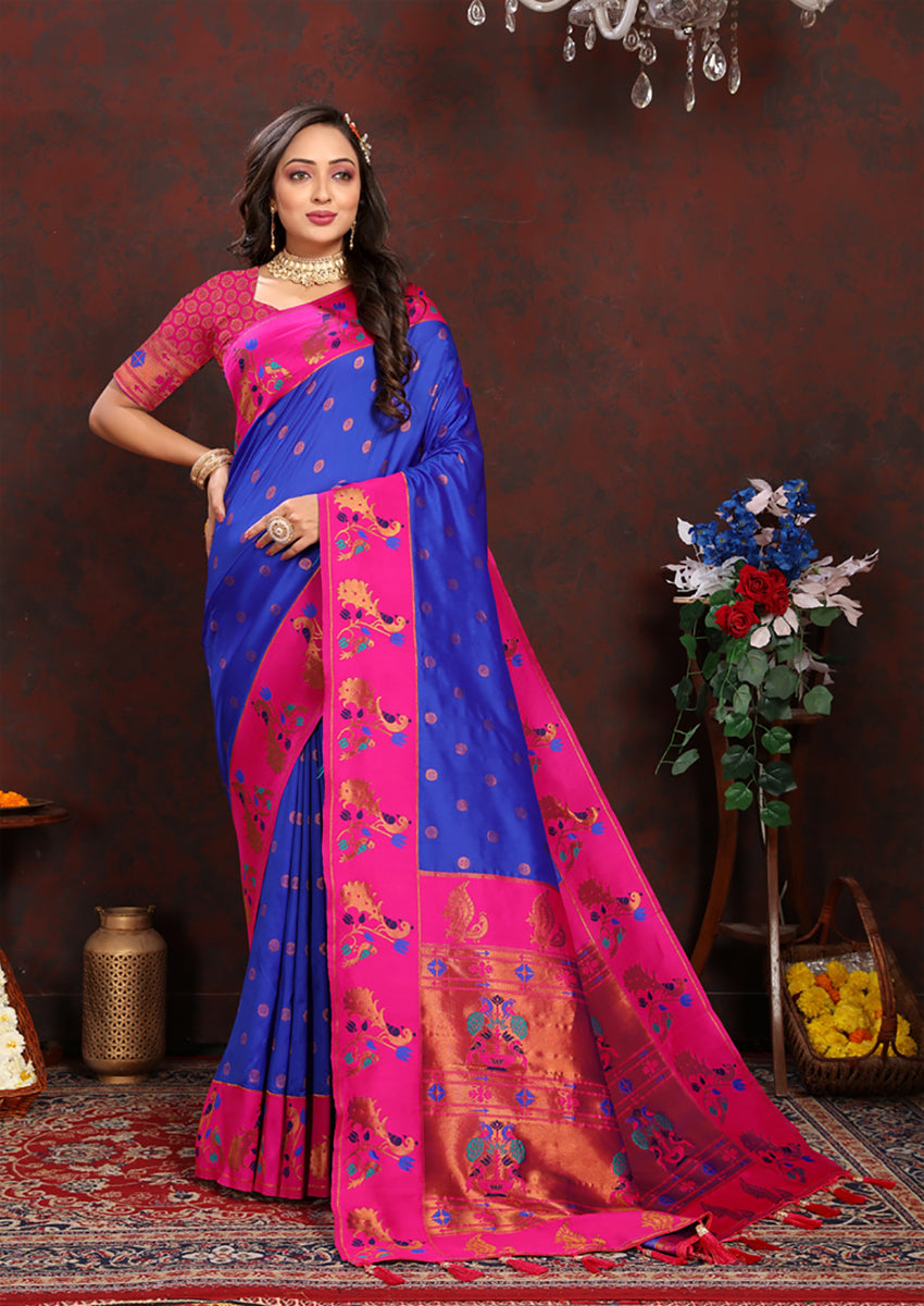 Lorenvalley Fashion Blue Soft Paithani Silk Woven Design Rich Zari Meenakari Weaving Saree