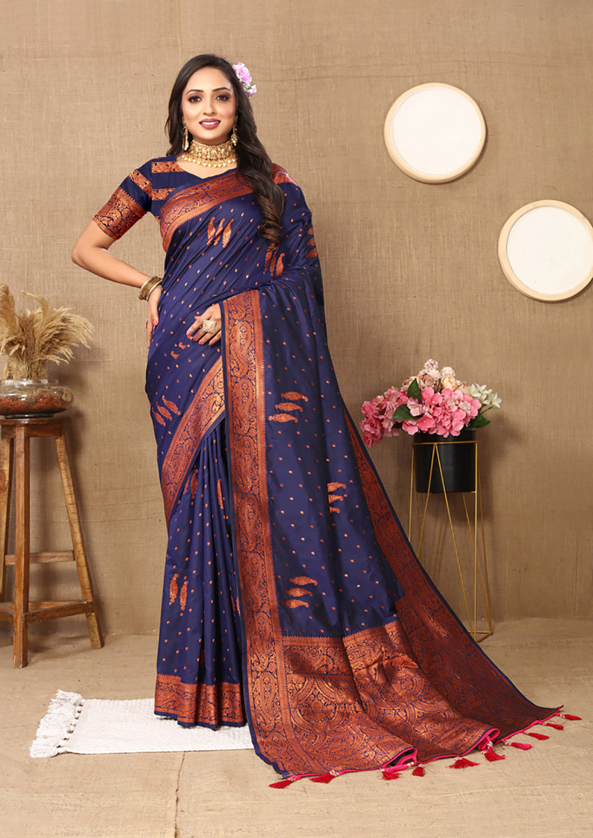 Lorenvalley Fashion Blue Soft Silk Copper Zari weaving Design Saree