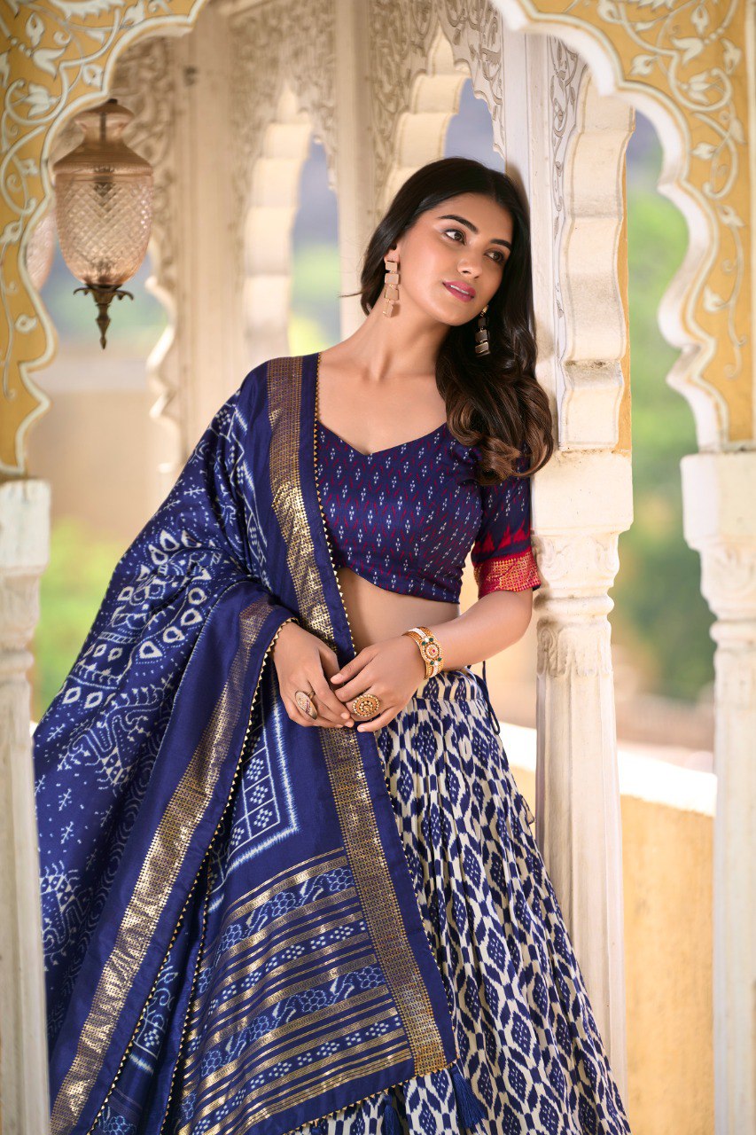 Lorenvalley Blue Tussar Silk Ikkat Print With Foil Work Lehenga Choli with Dupatta