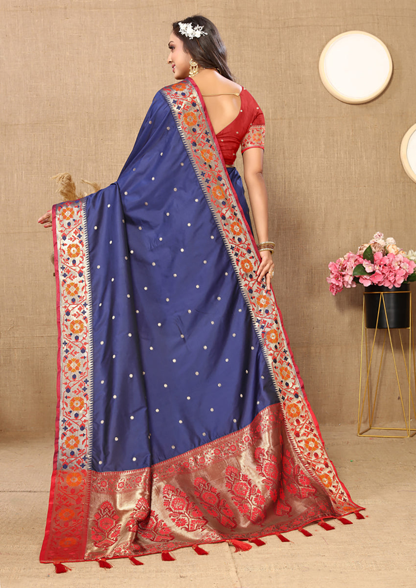 Lorenvalley Fashion Blue Soft Paithani Silk Woven Design Rich Meenakari Zari Weaving Pallu Saree