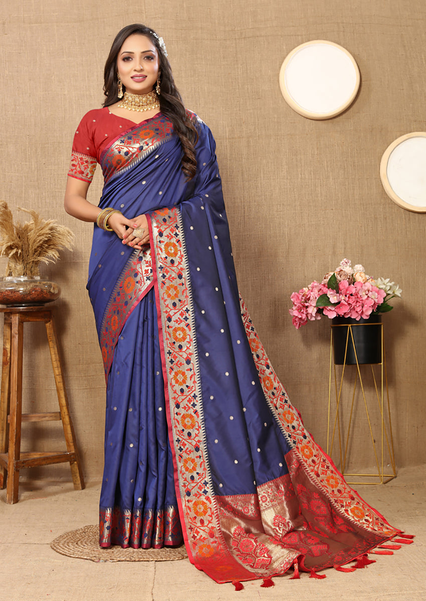 Lorenvalley Fashion Blue Soft Paithani Silk Woven Design Rich Meenakari Zari Weaving Pallu Saree