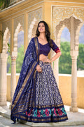 Lorenvalley Blue Tussar Silk Ikkat Print With Foil Work Lehenga Choli with Dupatta