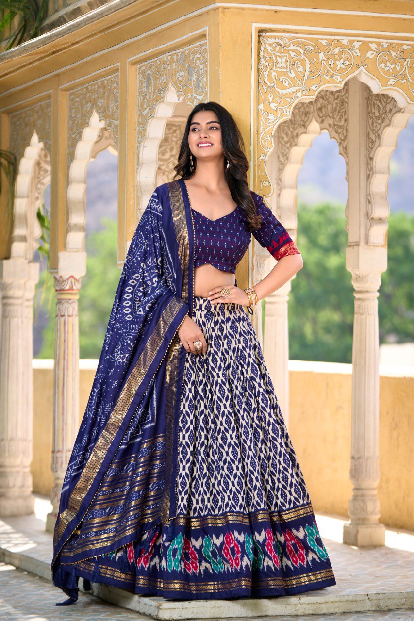 Lorenvalley Blue Tussar Silk Ikkat Print With Foil Work Lehenga Choli with Dupatta