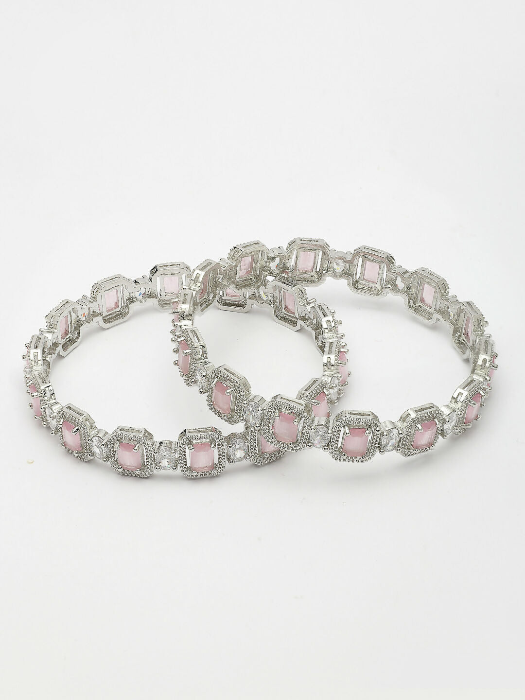 NVR Women's Set of 2 Silver-Plated Pink AD-Studded Bangles